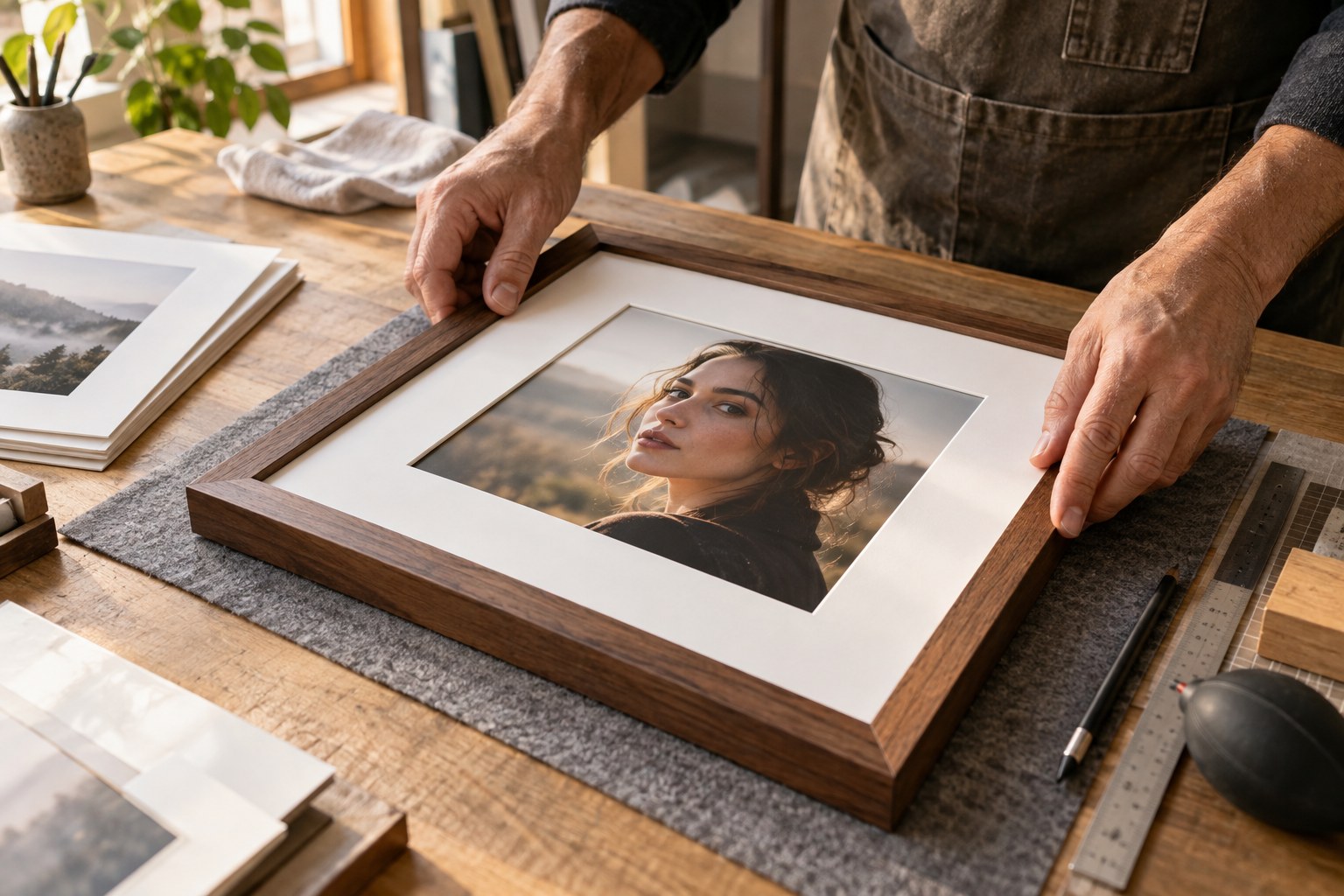 professional matting and framing of a portrait at a studio workbench