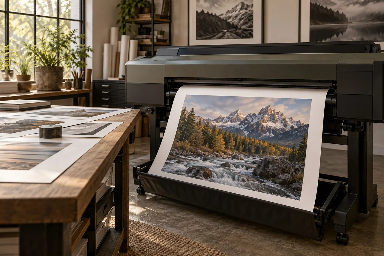 a wide-format printer producing a detailed landscape print