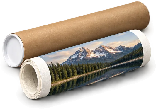 A canvas print rolled up beside a shipping tube