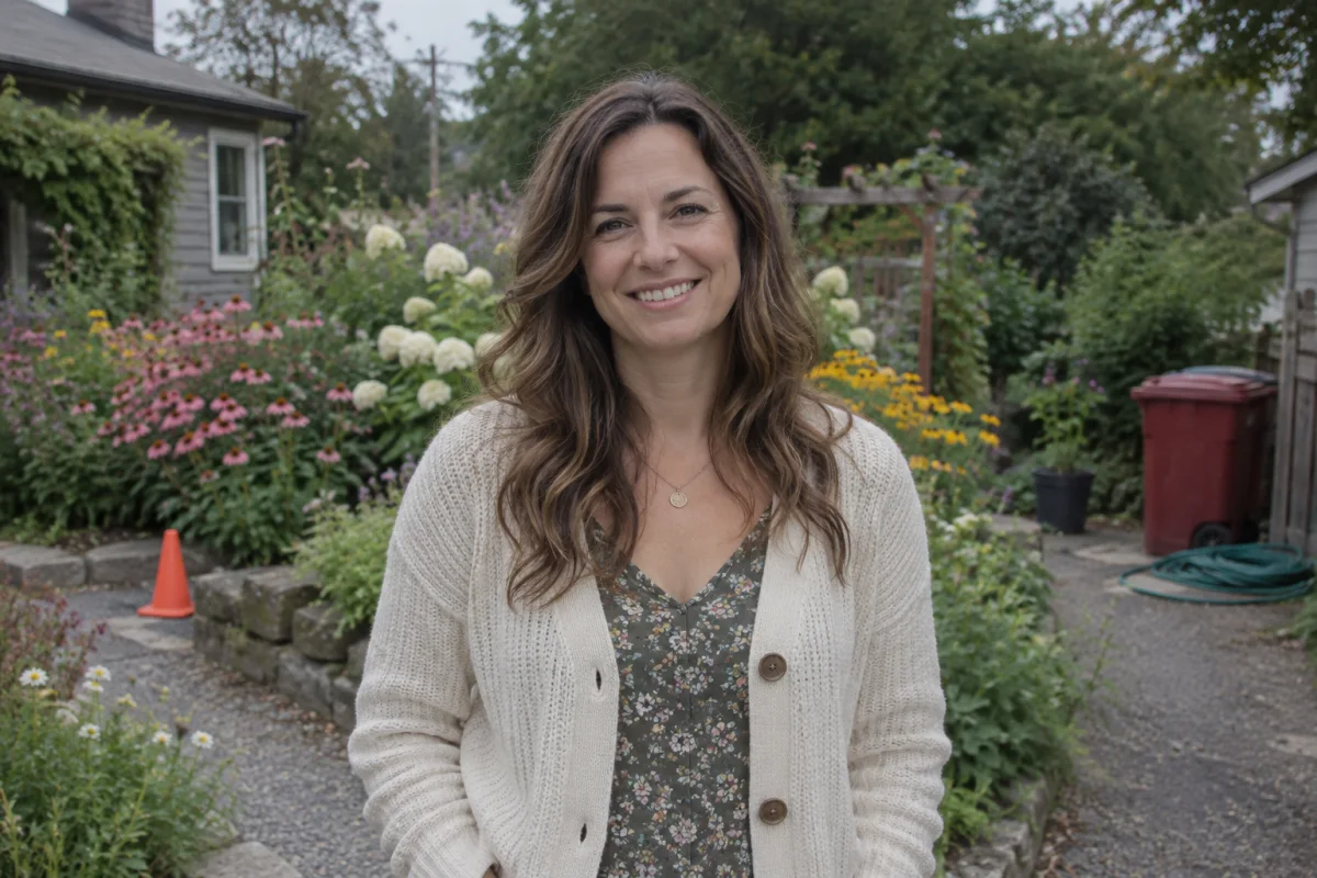 Before editing: a garden portrait with distracting objects and dull exposure