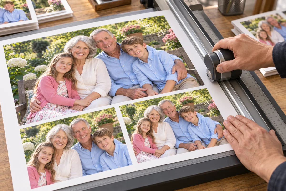 A sheet of matching family portraits being trimmed on a studio table