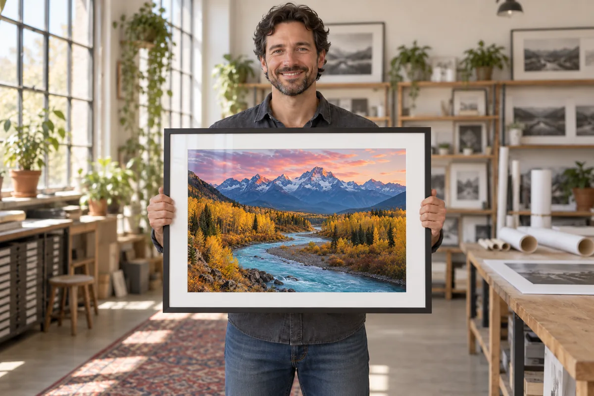 A man in a print studio holding a large framed print of the same alpine landscape