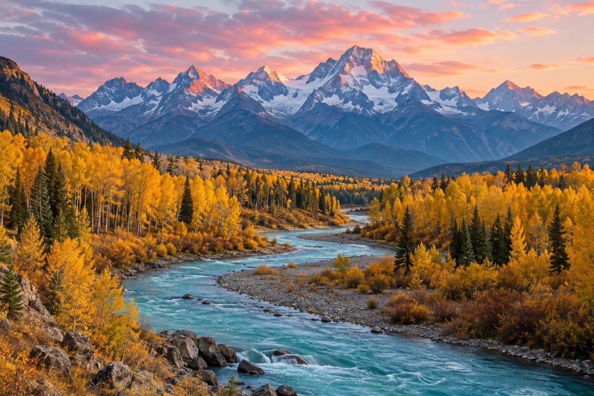 An alpine river through golden aspens at sunrise