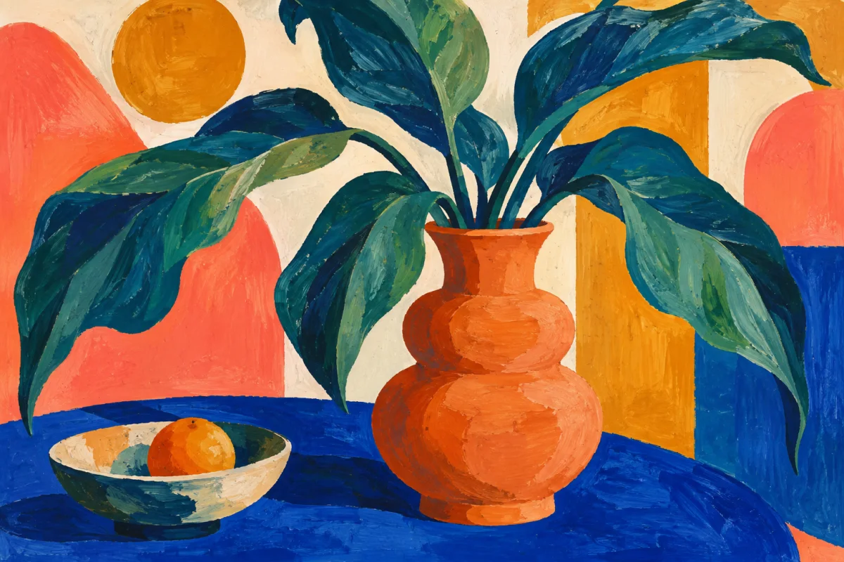 Modern botanical painting in terracotta, cobalt and teal